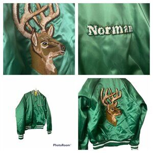 Green Satin Jacket W/ Embroidered Deer On Back & "Norman" On Front